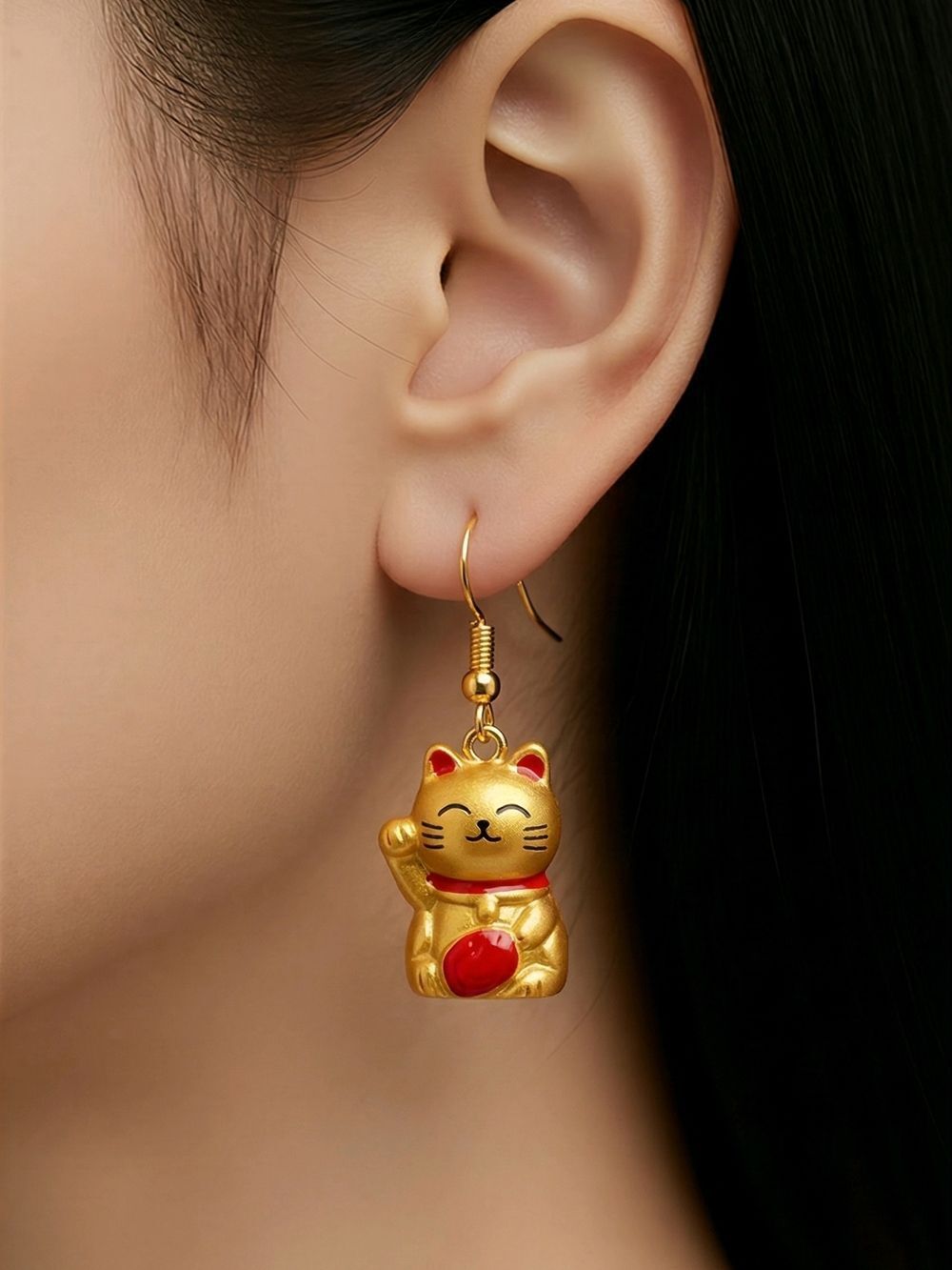 Gold Lucky Cat Earrings Maneki Neko Dangle Red Accent Cute Whimsical Charm Gift